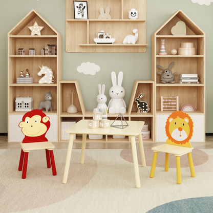 Wooden Kids Table & 2 Chairs for Playroom, Lion & Monkey