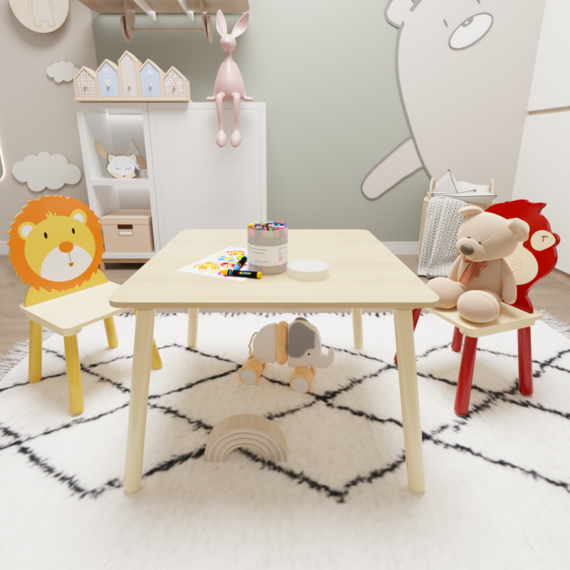 Wooden Kids Table & 2 Chairs for Playroom, Lion & Monkey