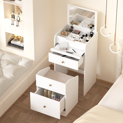 Compact Modern White Vanity Desk, Mirror & Chair for Bedroom