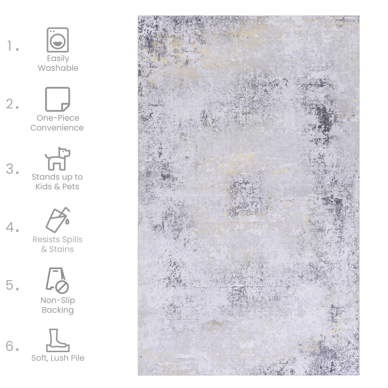 NAAR MAVAL Gray & Gold 5x8 Area Rug, Living Room, Washable