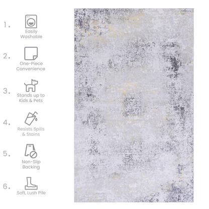 NAAR MAVAL Gray & Gold 5x8 Area Rug, Living Room, Washable