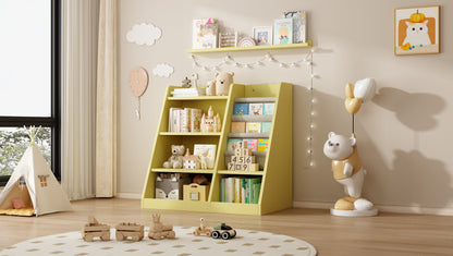 Yellow Wooden Toy Storage Organizer Cabinet Kids Bookshelf  Children Bookcase Toddler Baby Sling Book Rack Shelf for Playroom Bedroom Nursery Hallway School Kindergarten Living Roomy