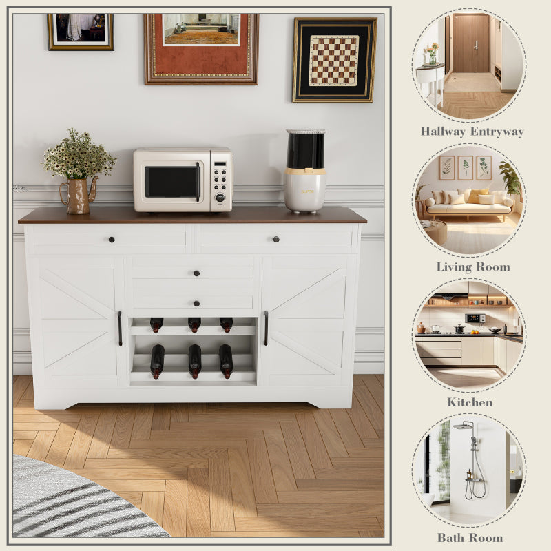 Farmhouse Dining Sideboard with Wood Top & Adjustable Shelf