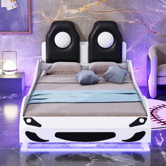 Race Car Twin Platform Bed for Kids, LED & Padded Headboard