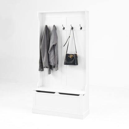 Modern White Hall Tree Bench, Entryway Shoe Storage, 5 Hooks