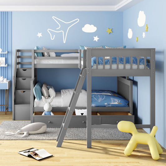 Gray L-Shaped Twin/Full Kids' Bunk Bed with Drawers
