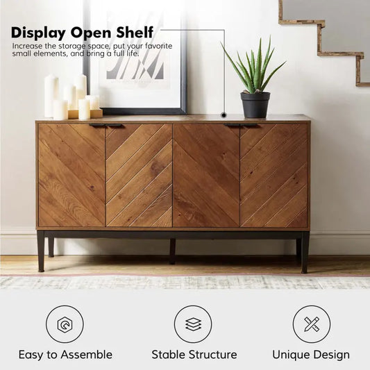 Modern 55" W Manufactured Wood, Metal Sideboard Cabinet, Walnut