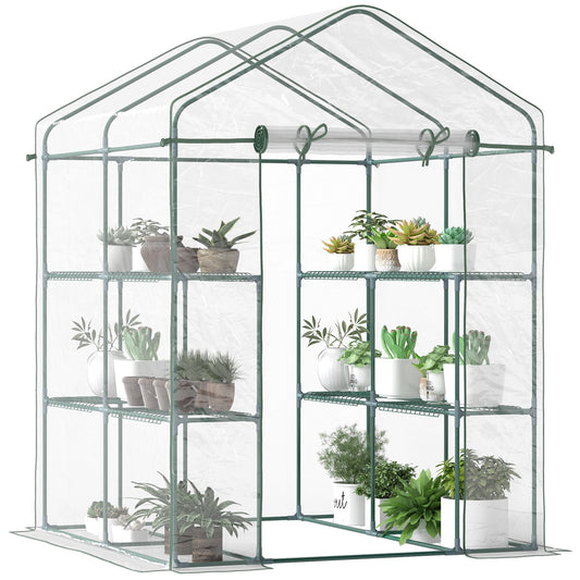 Outsunny Mini Walk-In Greenhouse for Garden, 3-Tier Shelves