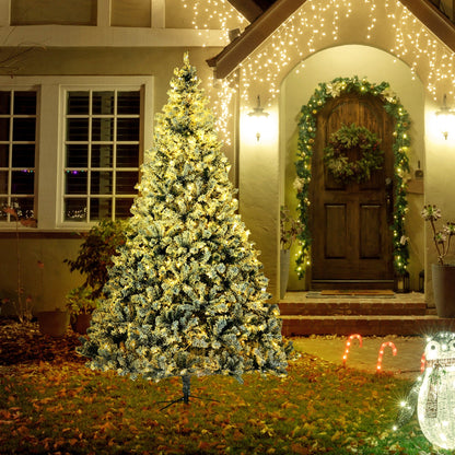 HOMCOM 9 Ft Frosted Christmas Tree for Home, Dual-Color LEDs