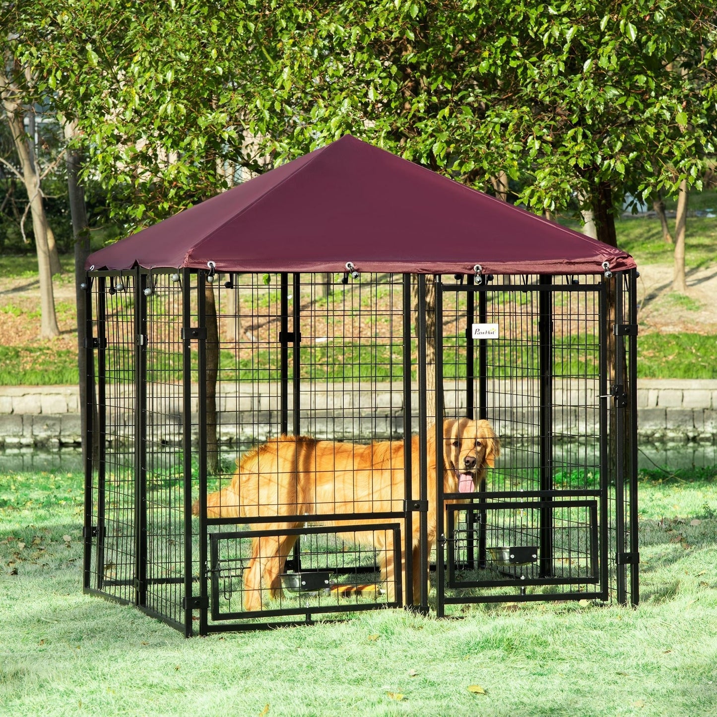 PawHut Red Backyard Dog Kennel with Cover & Rotating Bowls