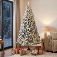 HOMCOM 6ft Flocked Prelit Christmas Tree, Fraser Fir, Hinged Xmas Tree with LEDs, Foldable Metal Base, Green White