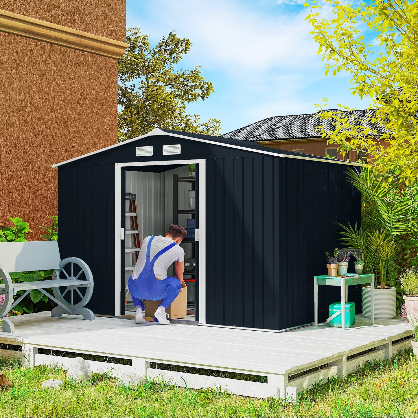Outsunny 9x6 Steel Backyard Storage Shed with Foundation Kit