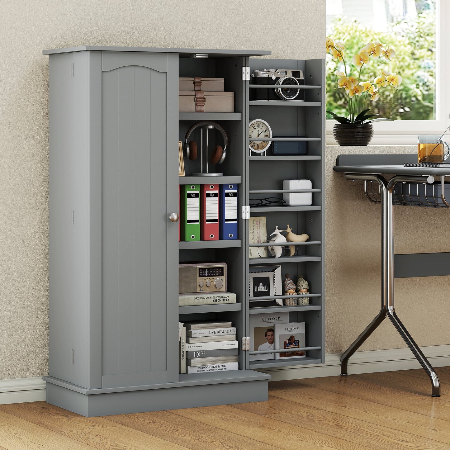 HOMCOM Gray Kitchen Pantry Cabinet with 12 Door Shelves
