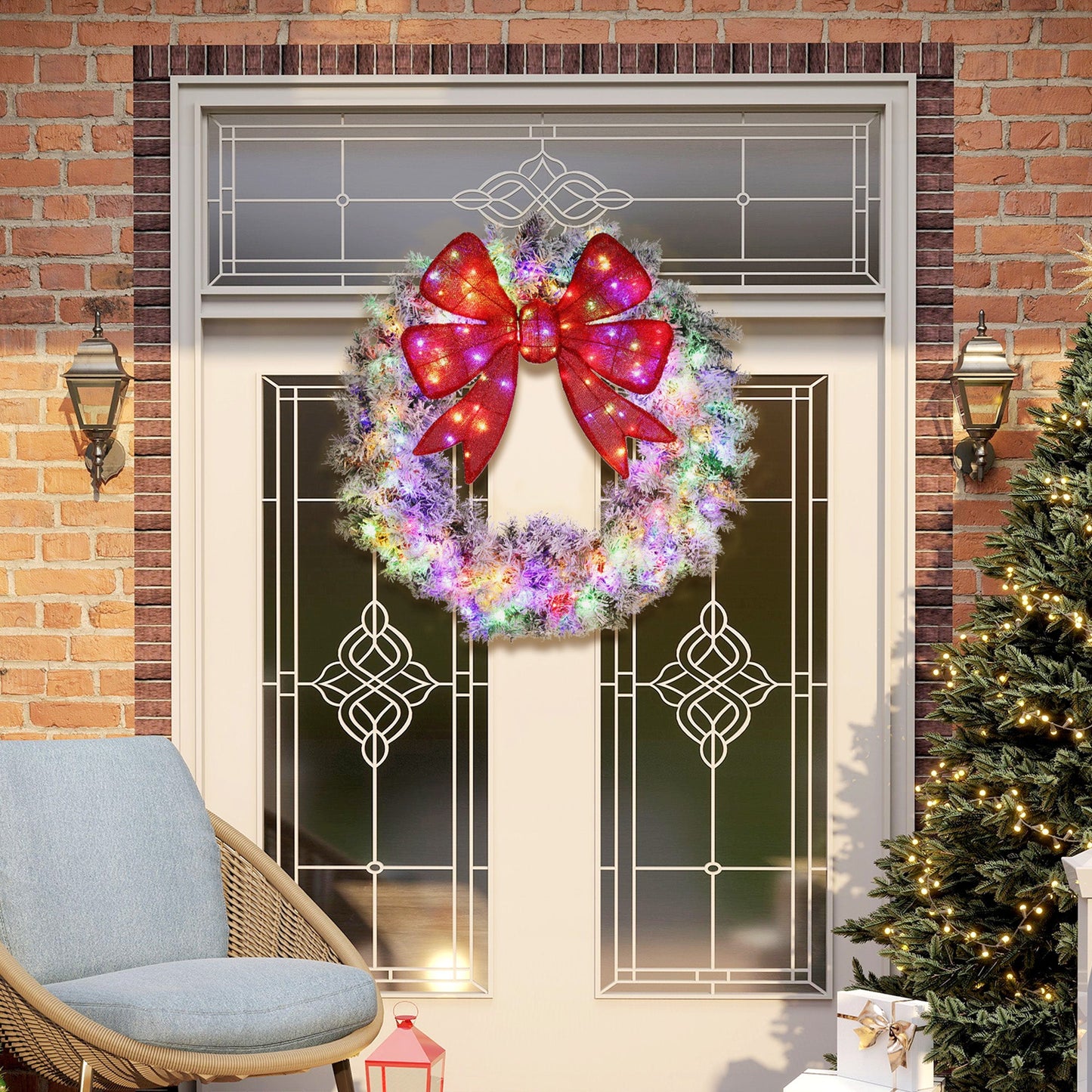 HOMCOM 36" Flocked Pre-Lit Christmas Door Wreath with Remote