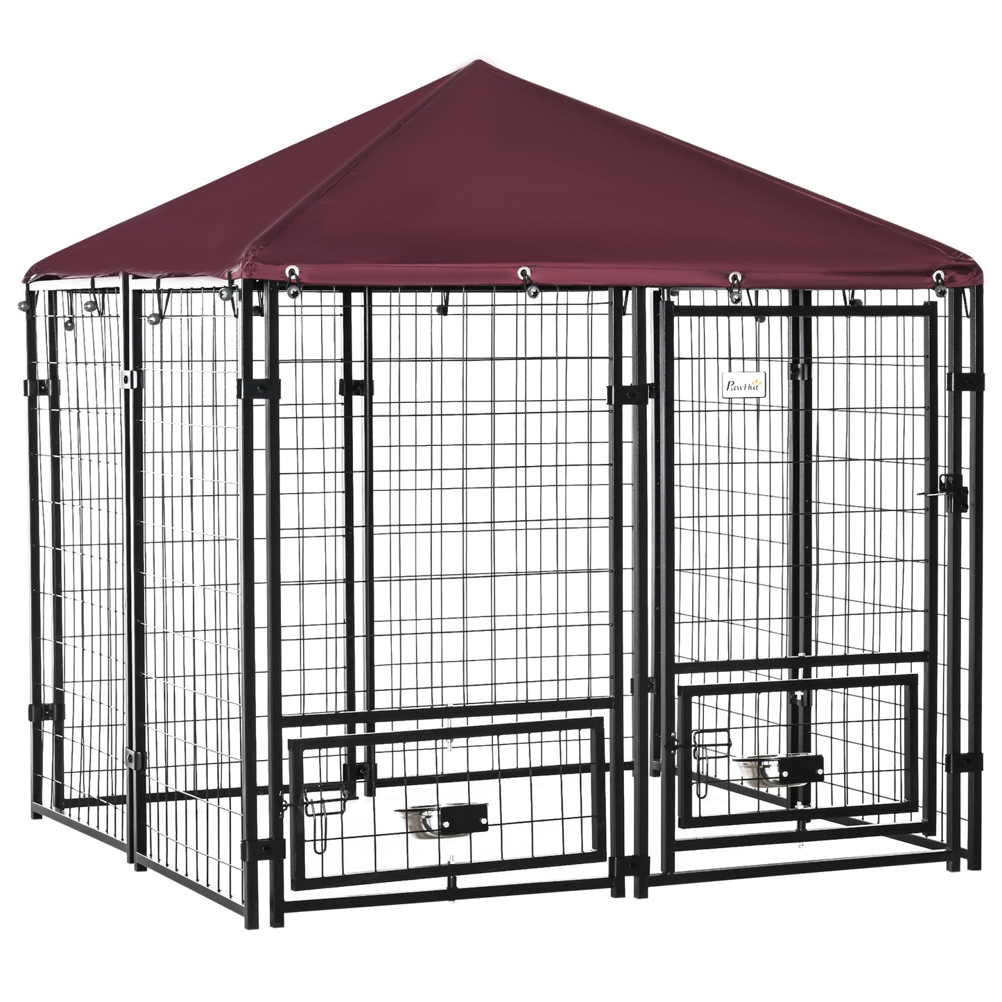 PawHut Red Backyard Dog Kennel with Cover & Rotating Bowls