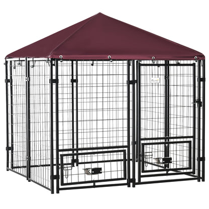 PawHut Red Backyard Dog Kennel with Cover & Rotating Bowls
