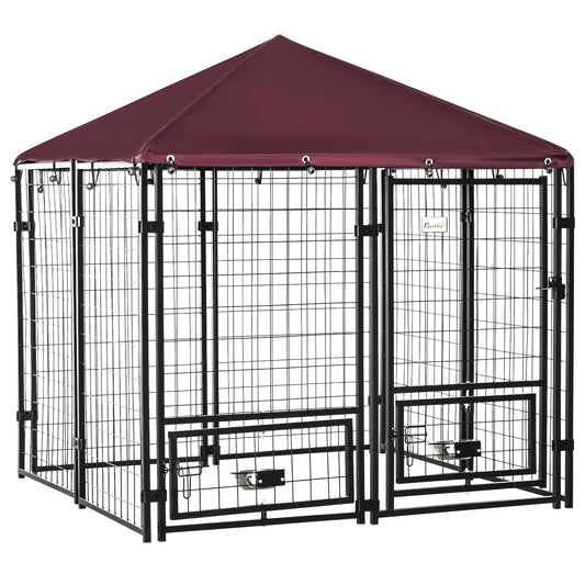 PawHut Red Backyard Dog Kennel with Cover & Rotating Bowls