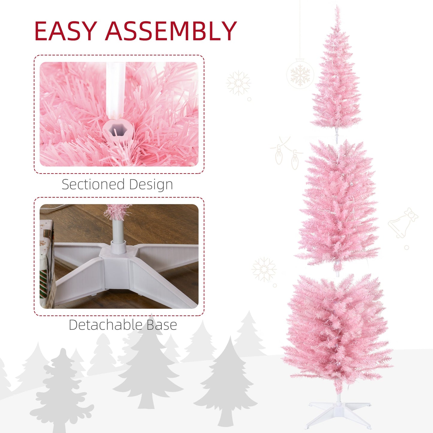 HOMCOM 7 Ft Pink Pencil Pre-Lit Christmas Tree, Small Spaces