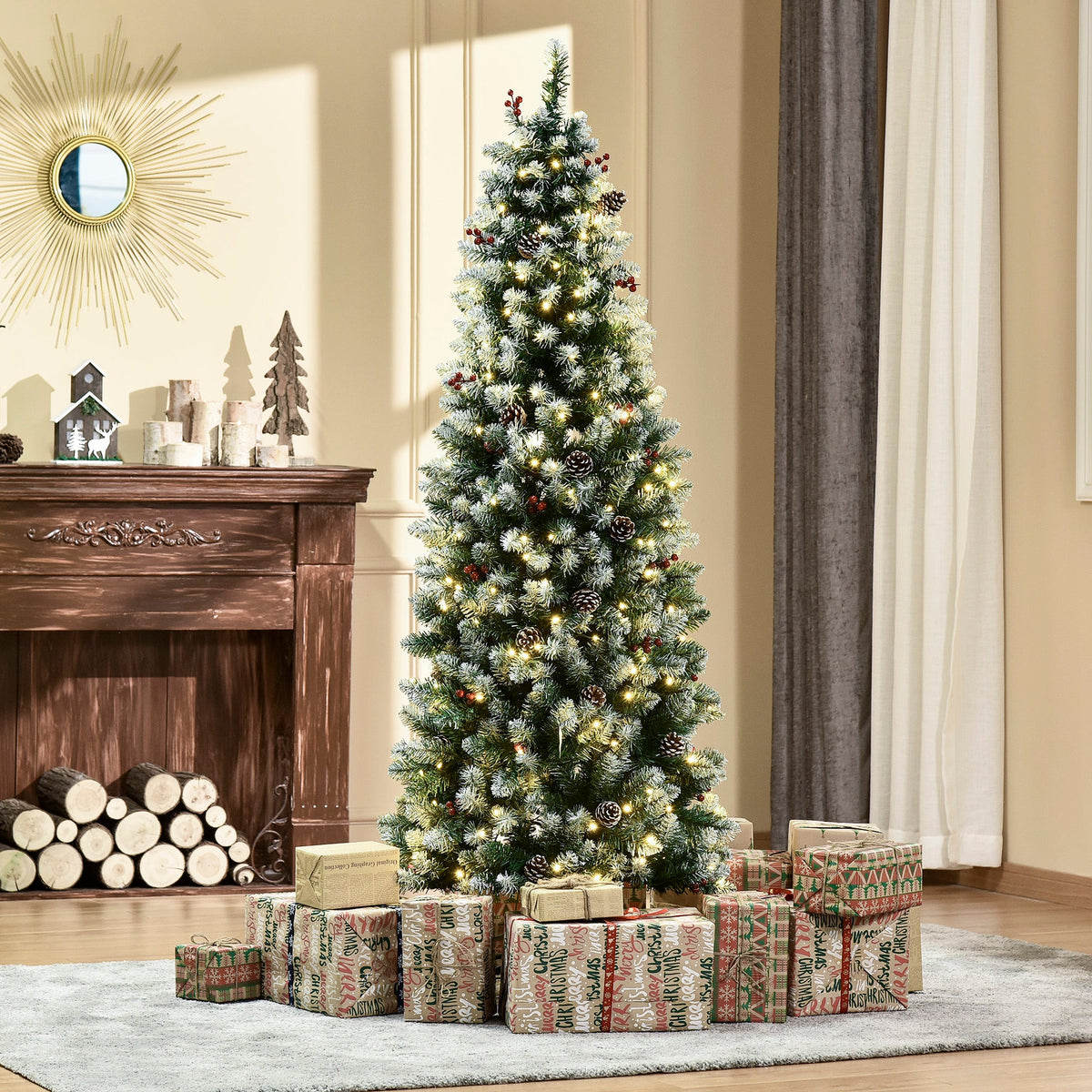 HOMCOM 6 Ft Flocked Christmas Tree for Living Rooms, 300 LEDs