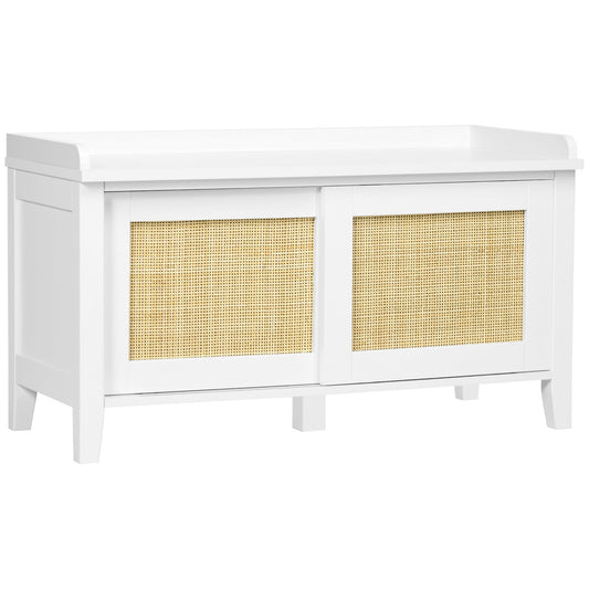 HOMCOM Boho Entryway Shoe Bench with Sliding Rattan Doors
