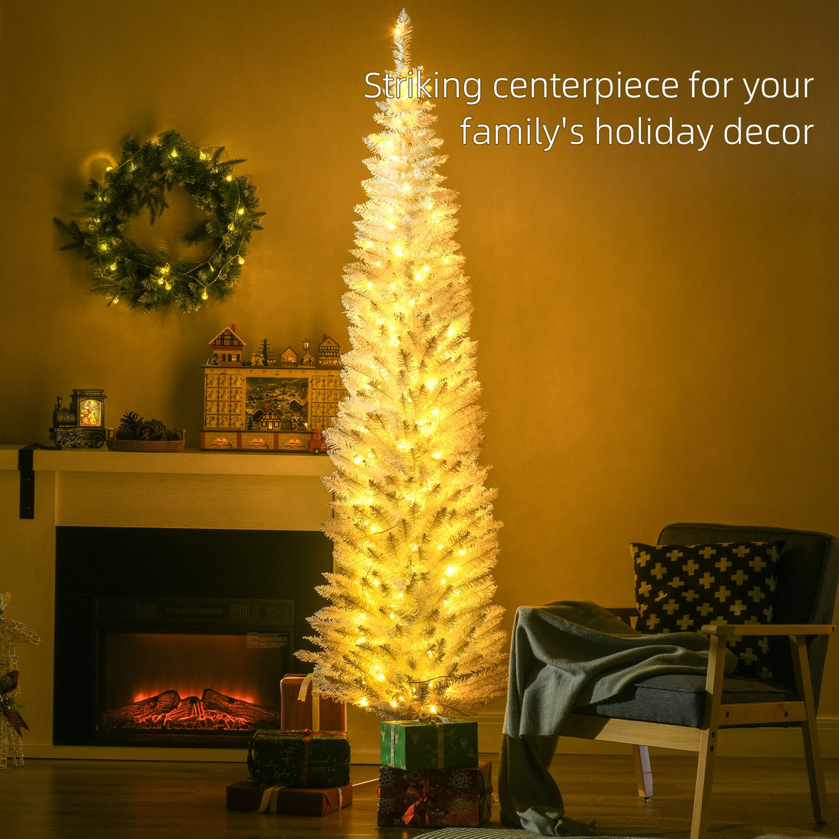 HOMCOM 7 Ft Slim Christmas Tree, Warm LEDs, Small Spaces