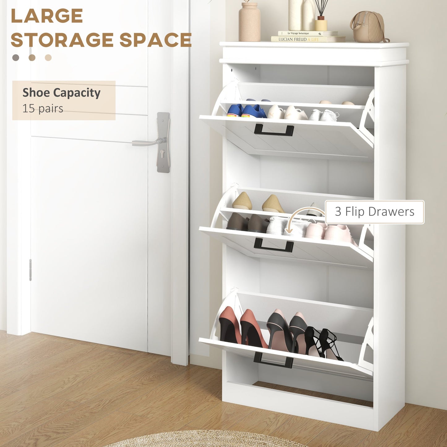 HOMCOM Modern White Entryway Shoe Cabinet, Slim 15-Pair