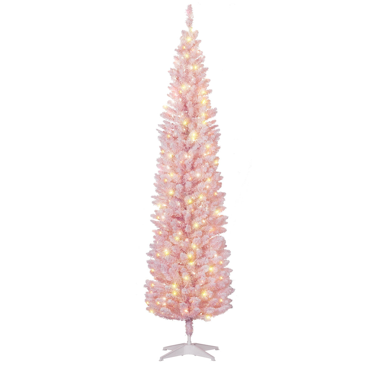 HOMCOM 7 Ft Slim Pink Pre-Lit Christmas Tree, Small Spaces