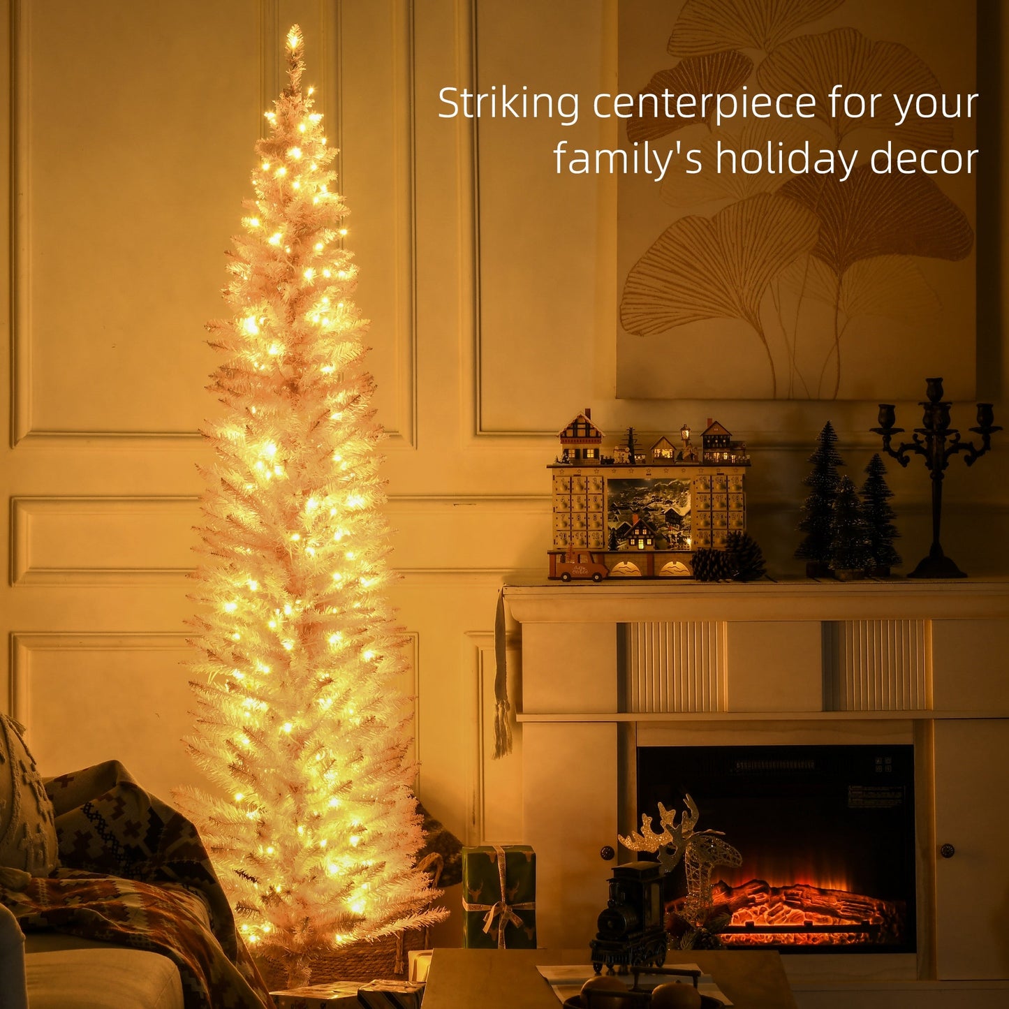 HOMCOM 7 Ft Pink Pencil Pre-Lit Christmas Tree, Small Spaces