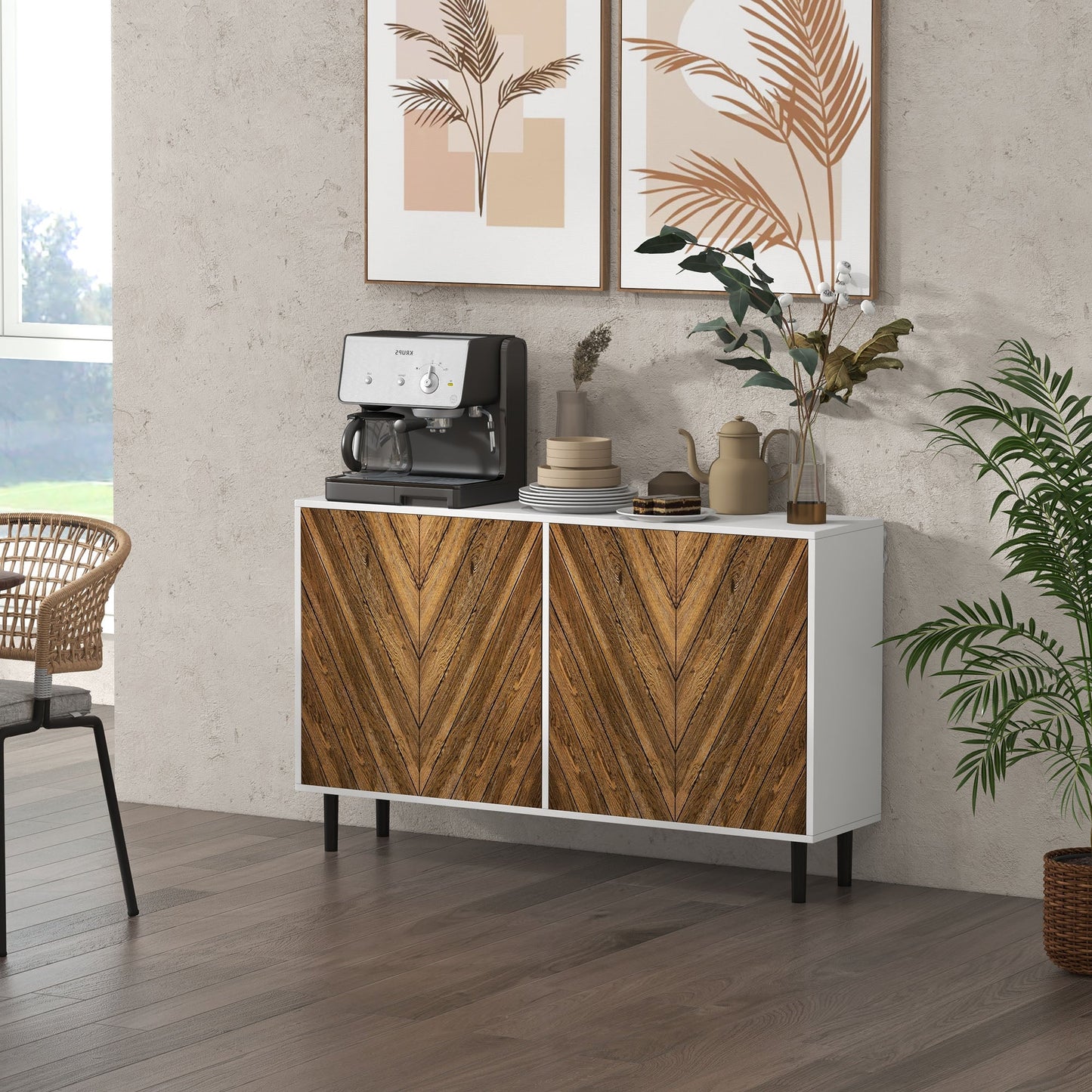 HOMCOM Mid-Century Sideboard for Dining, Chevron Doors
