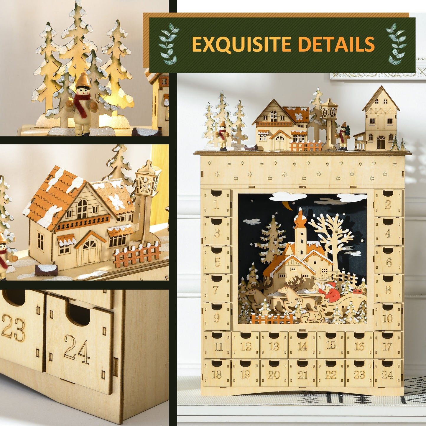 HOMCOM Wooden LED-Lit Tabletop Advent Calendar with 24 Drawers