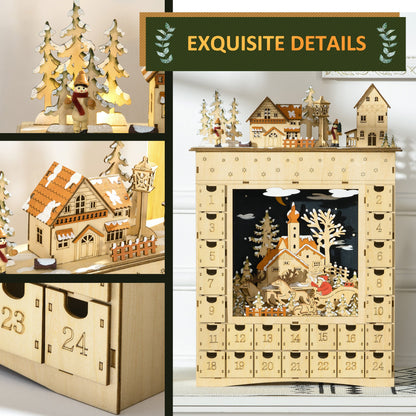 HOMCOM Wooden LED-Lit Tabletop Advent Calendar with 24 Drawers