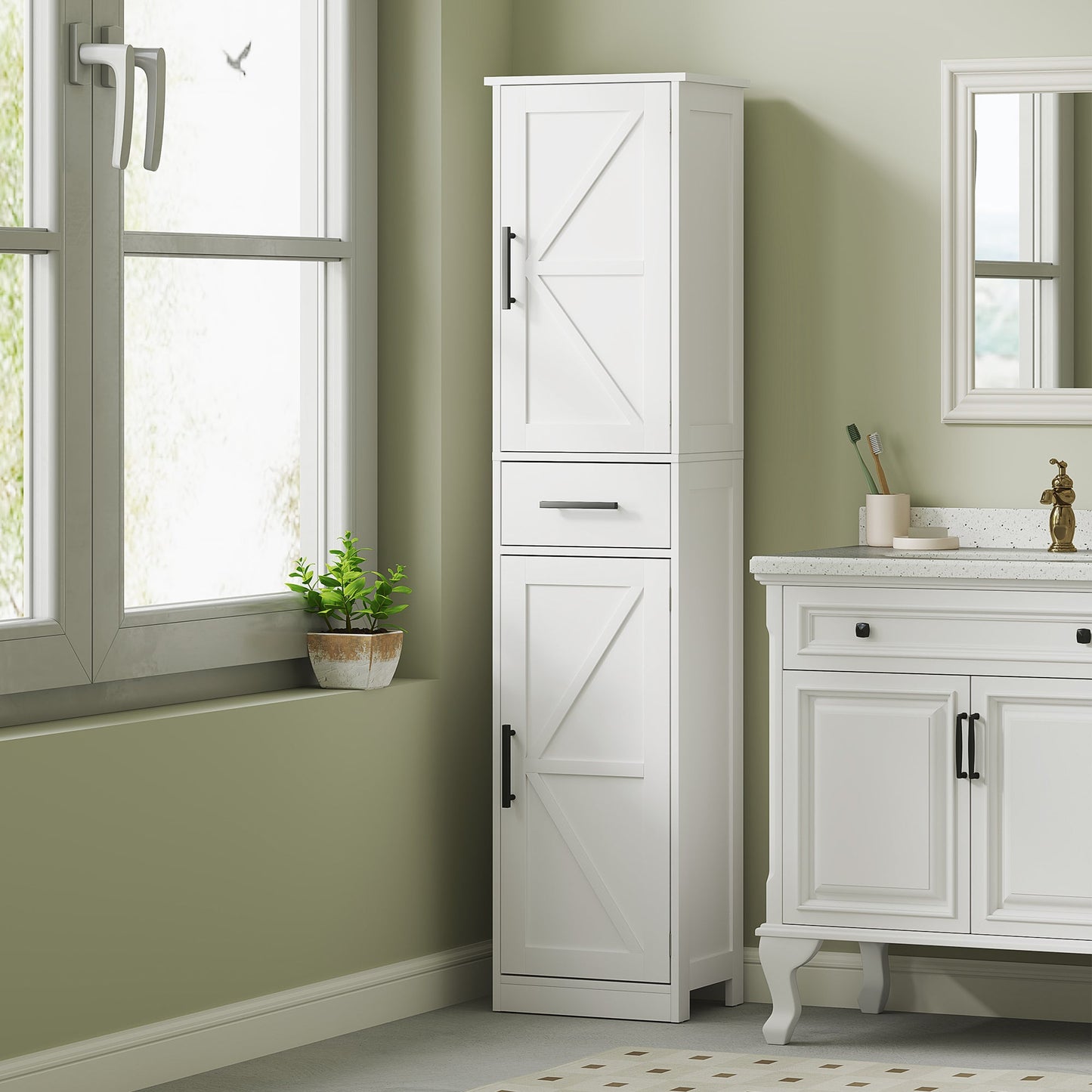 HOMCOM Farmhouse Tall Bathroom Linen Cabinet with Barn Doors