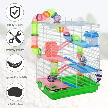 PawHut Portable 5-Tier Hamster Travel Cage with Wheel & Tube