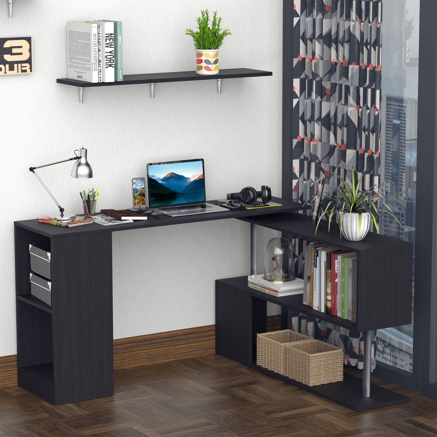 HOMCOM 55" Modern L-Shaped Home Office Desk with 360° Swivel