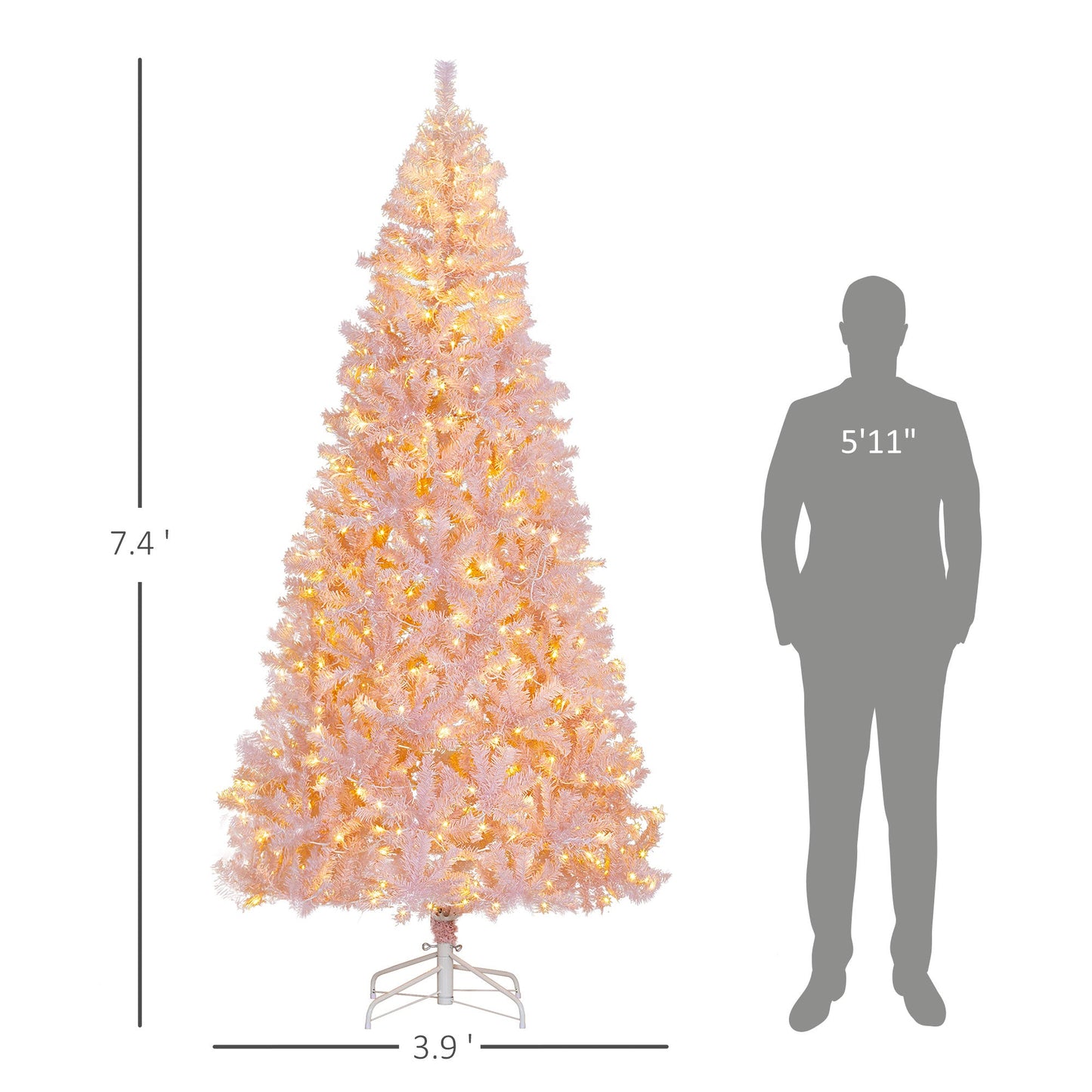 HOMCOM 7.5 Ft Pink Pre-Lit Indoor Christmas Tree, 500 LEDs