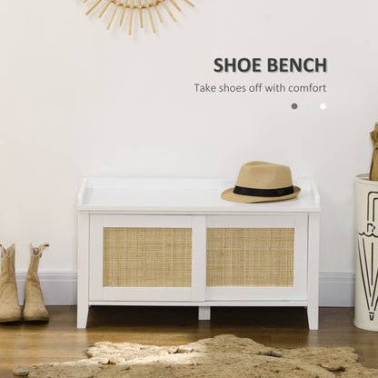 HOMCOM Boho Entryway Shoe Bench with Sliding Rattan Doors