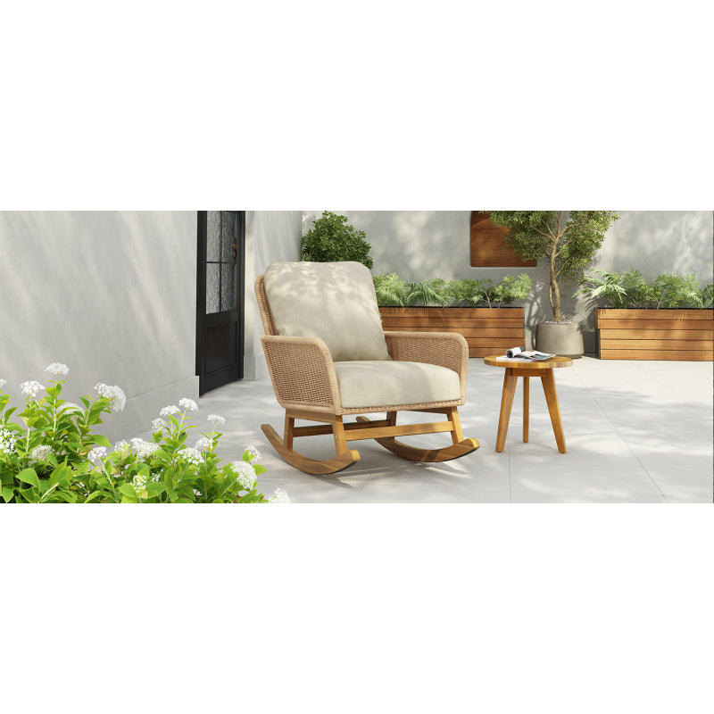 Modern Beige Wicker Rocker for Indoor/Outdoor, Soft Cushions