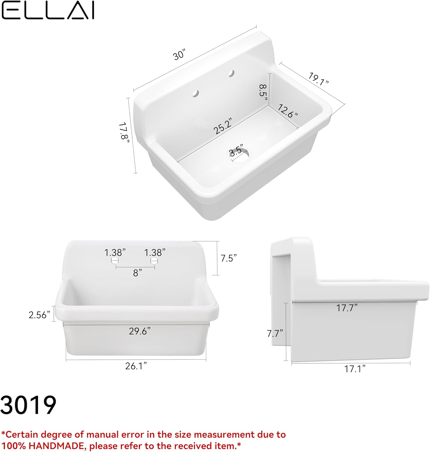ELLAI Farmhouse Wall-Mount Laundry Sink, High-Back Ceramic