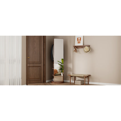 Solid Wood Walnut Floor Mirror for Entryway, 360° with Hooks