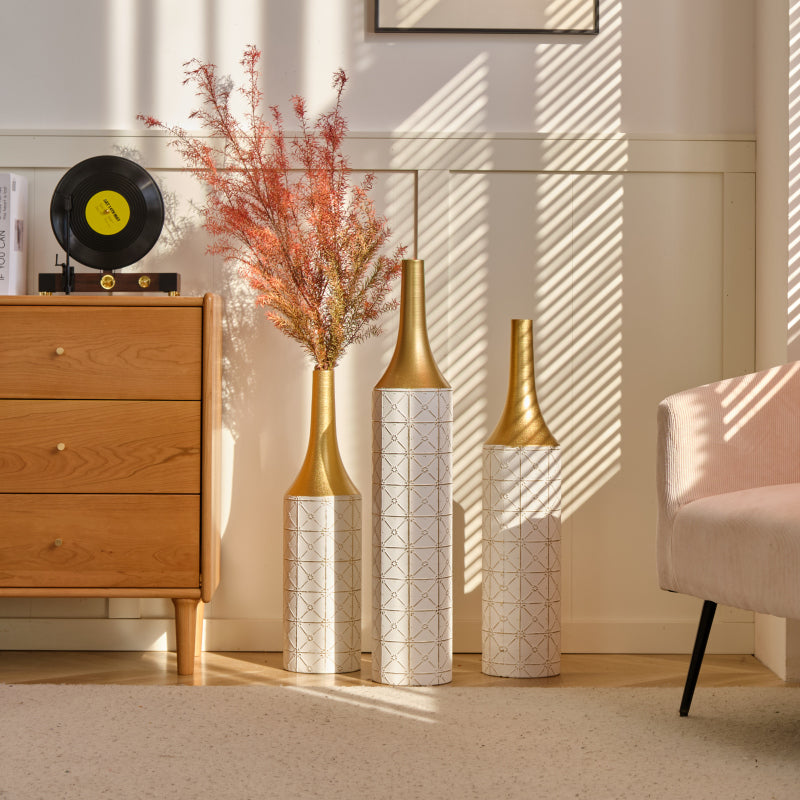Modern Floor Vase Trio for Living Room, Tall White Metal