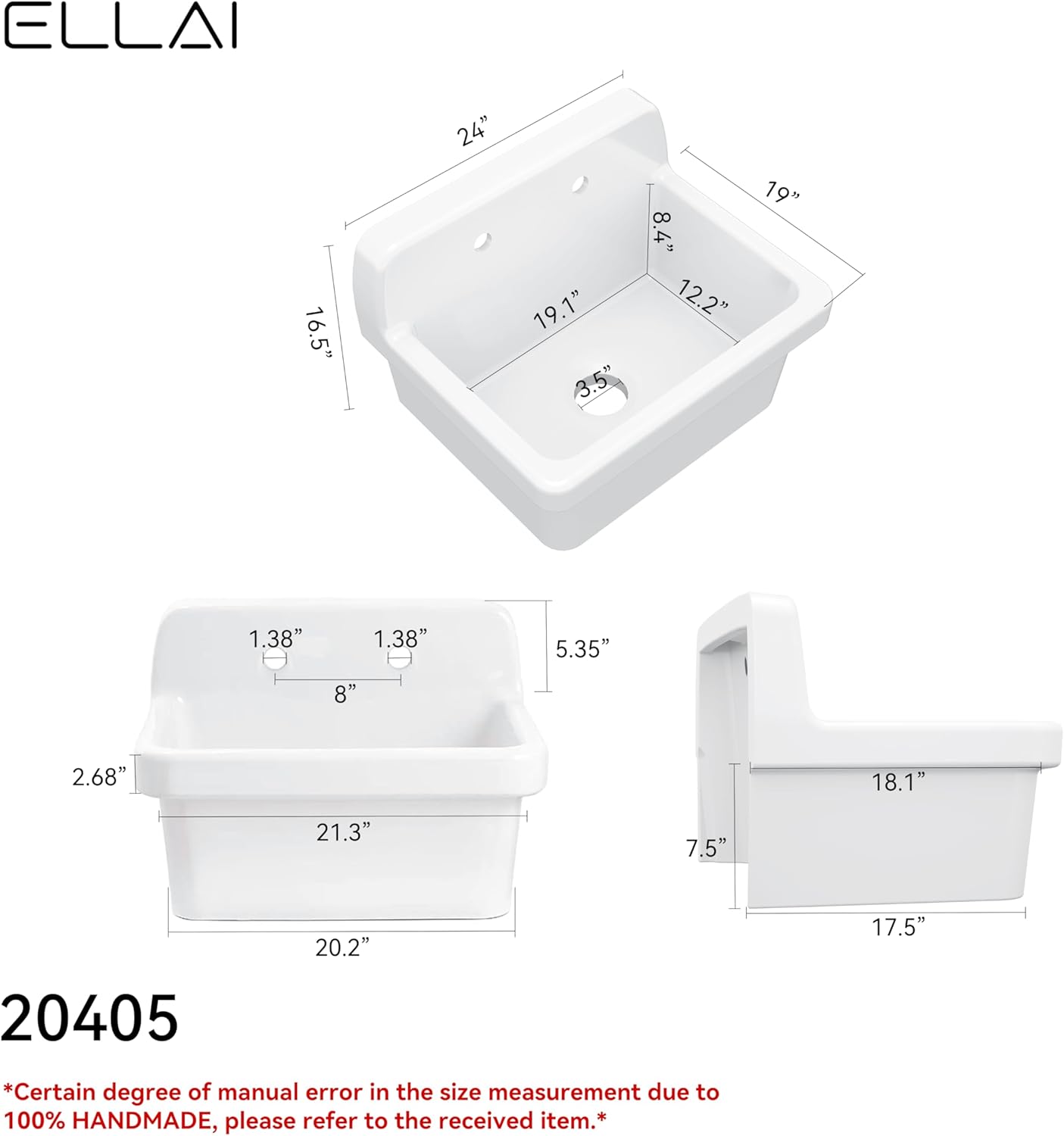 ELLAI Farmhouse Wall-Mount Laundry Room Sink with High Back