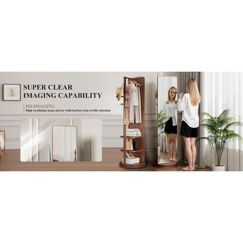 Solid Wood Walnut Floor Mirror for Entryway, 360° with Hooks