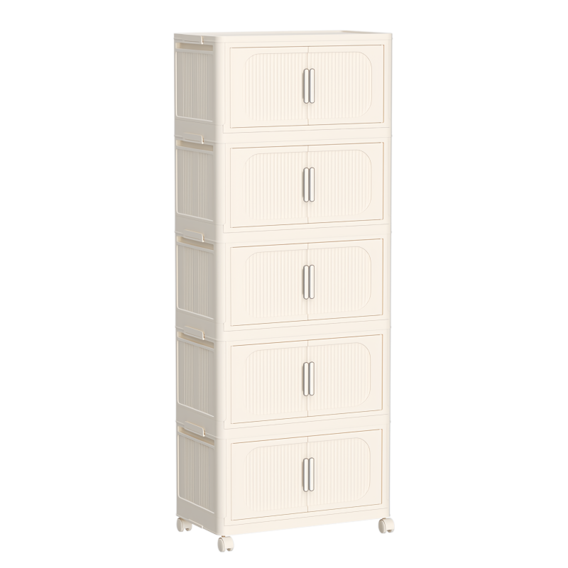 Cream White Folding Storage Cabinet on Wheels for Entryway