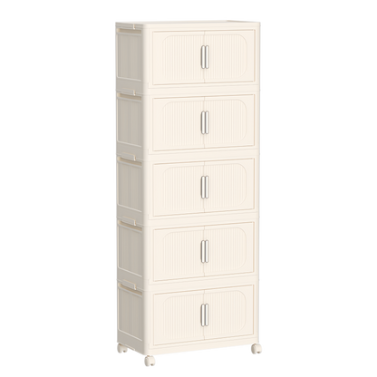 Cream White Folding Storage Cabinet on Wheels for Entryway