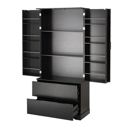 Modern Fluted Kitchen Pantry Cabinet, Drawers & Spice Racks