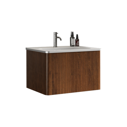 Etna 24-in Striped Walnut Floating Bath Vanity, Ceramic Sink