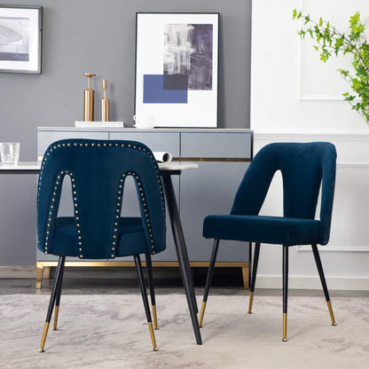 A&A Furniture,Akoya Collection Modern Contemporary Velvet Upholstered Dining Chair with Nailheads and Gold Tipped Black Metal Legs,Black,Set of 2