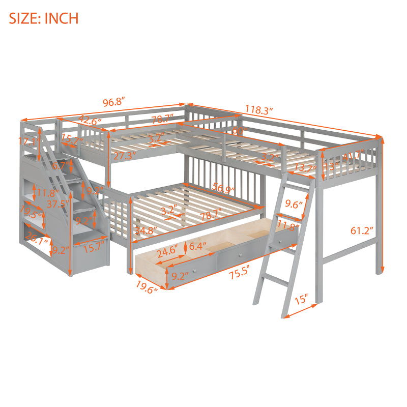 Modern L-Shaped Twin/Full Kids' Bunk with Stairs & Drawers