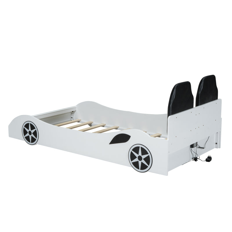 Race Car Twin Platform Bed for Kids, LED & Padded Headboard