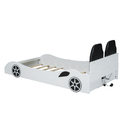 Race Car Twin Platform Bed for Kids, LED & Padded Headboard